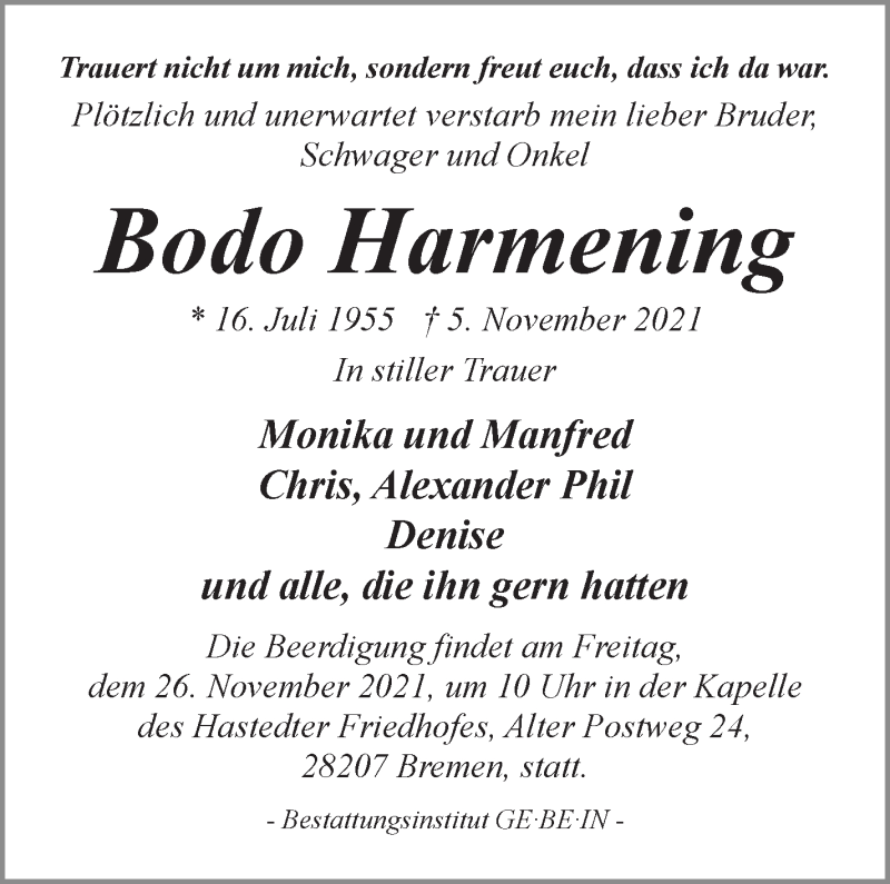 Traueranzeige von Bodo Harmening von WESER-KURIER
