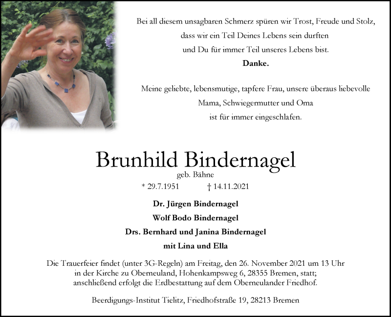 Traueranzeige von Brunhild Bindernagel von WESER-KURIER