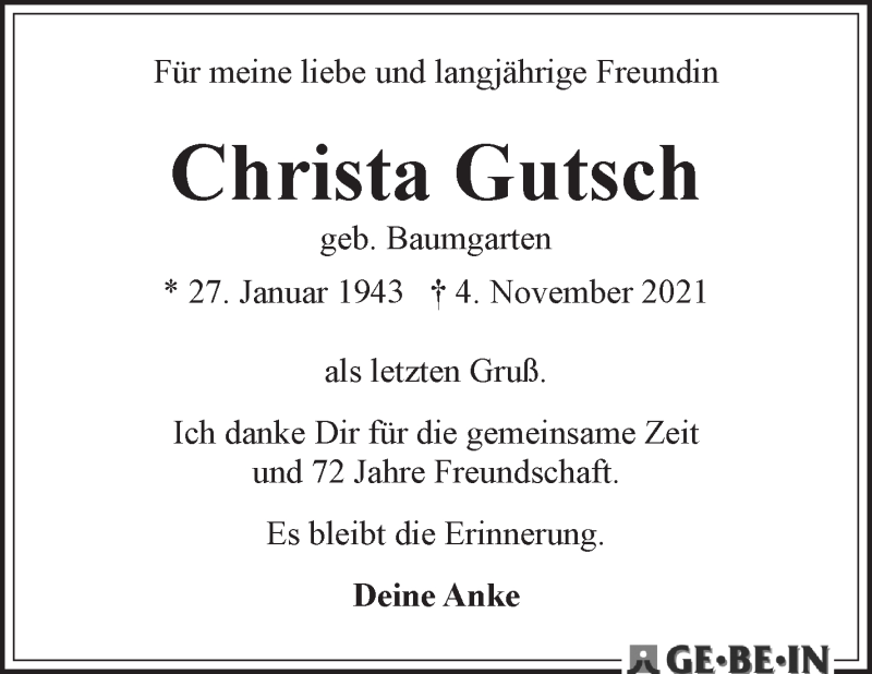 Traueranzeige von Christa Gutsch von WESER-KURIER