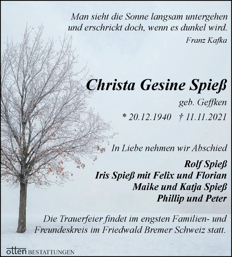 Traueranzeige von Christa Gesine Spieß von Osterholzer Kreisblatt