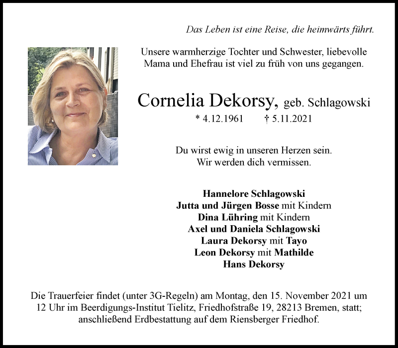 Traueranzeige von Cornelia Dekorsy von WESER-KURIER