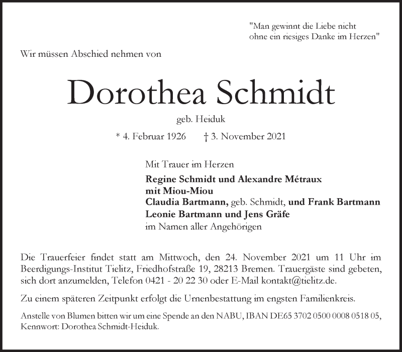 Traueranzeige von Dorothea Schmidt von WESER-KURIER