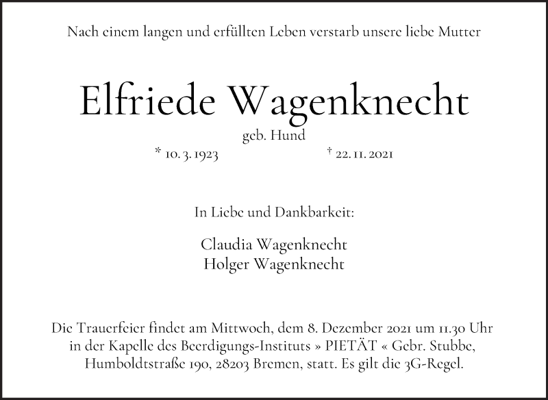 Traueranzeige von Elfriede Wagenknecht von WESER-KURIER