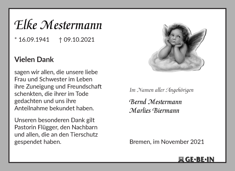 Traueranzeige von Elke Mestermann von WESER-KURIER