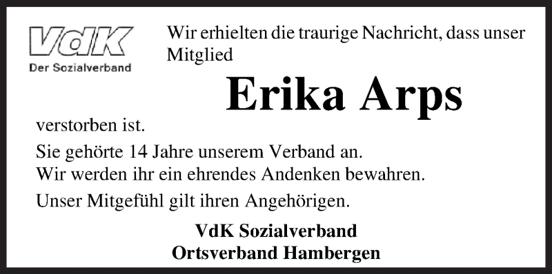 Traueranzeige von Erika Arps von Osterholzer Kreisblatt
