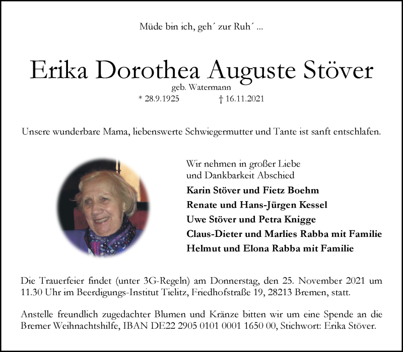 Traueranzeige von Erika Dorothea Auguste Stöver von WESER-KURIER