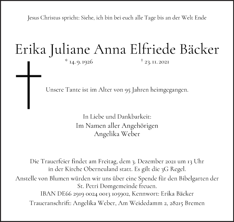 Traueranzeige von Erika Juliane Anna Elfriede Bäcker von WESER-KURIER