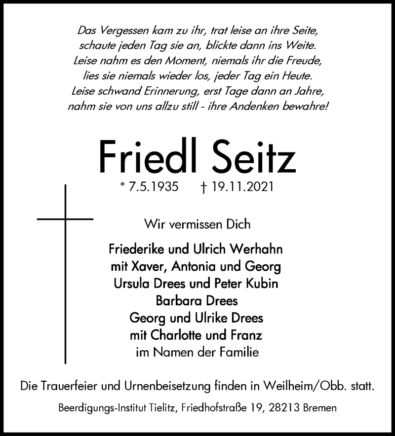 Traueranzeige von Friedl Seitz von WESER-KURIER