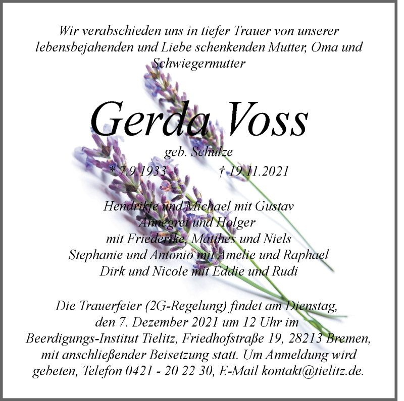 Traueranzeige von Gerda Voss von WESER-KURIER