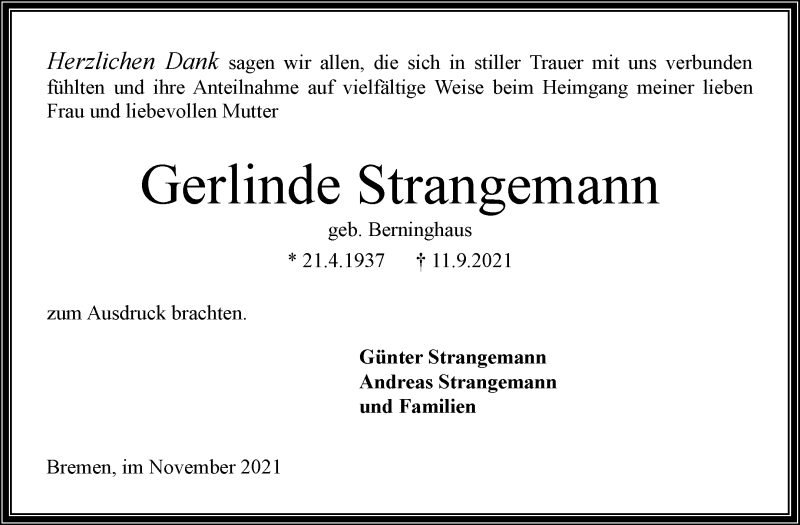 Traueranzeige von Gerlinde Strangemann von WESER-KURIER