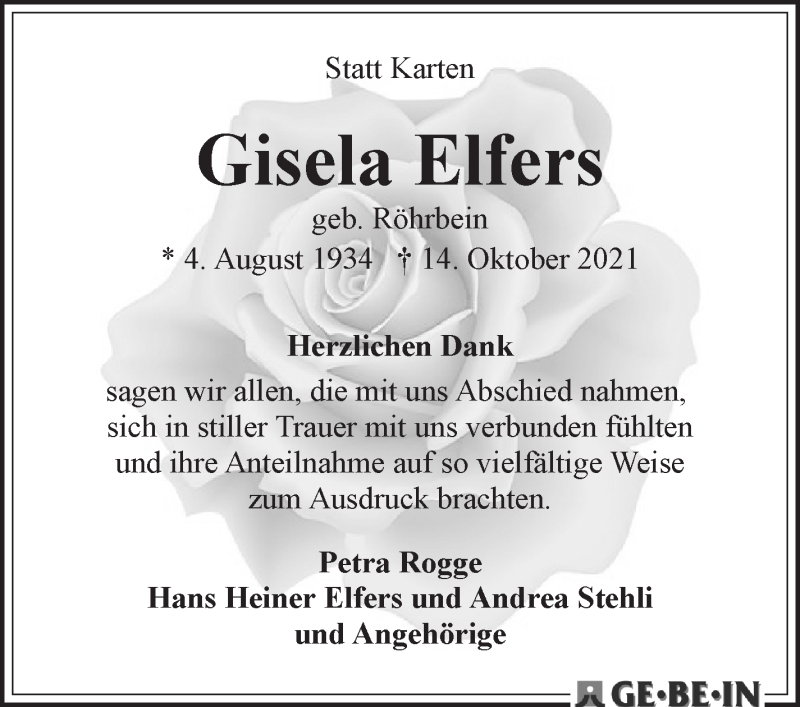 Traueranzeige von Gisela Elfers von WESER-KURIER