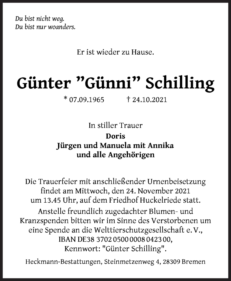Traueranzeige von Günter Schilling von WESER-KURIER