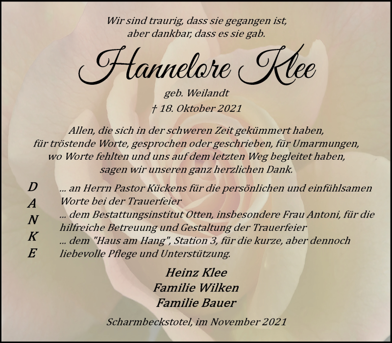 Traueranzeige von Hannelore Klee von Osterholzer Kreisblatt