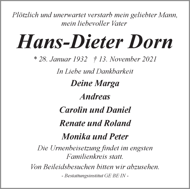 Traueranzeige von Hans-Dieter Dorn von WESER-KURIER