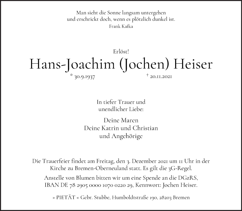 Traueranzeige von Hans-Joachim (Jochen) Heiser von WESER-KURIER