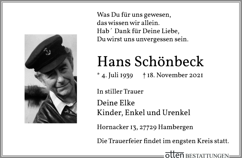Traueranzeige von Hans Schönbeck von Osterholzer Kreisblatt