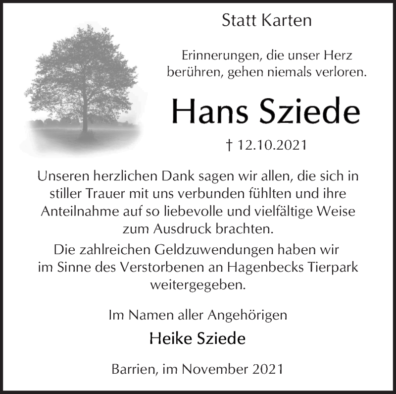 Traueranzeige von Hans Sziede von WESER-KURIER