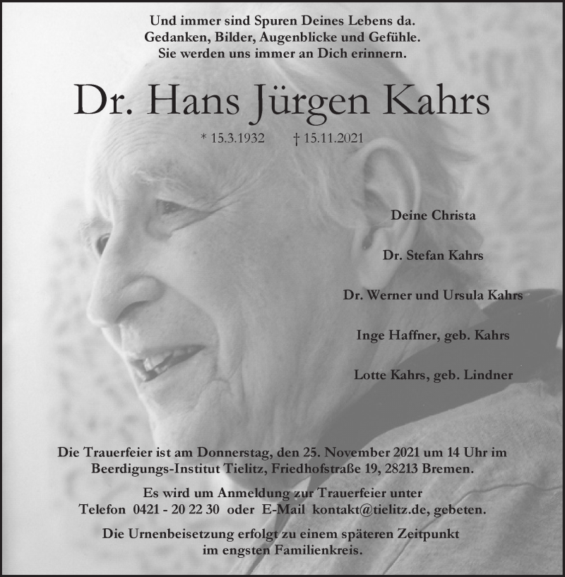 Traueranzeige von Hans Jürgen Kahrs von WESER-KURIER