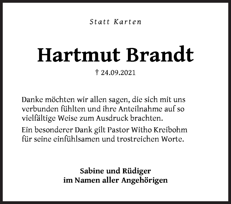 Traueranzeige von Hartmut Brandt von Die Norddeutsche
