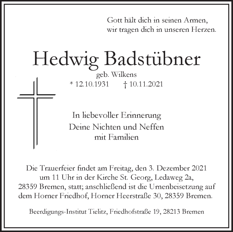 Traueranzeige von Hedwig Badstübner von WESER-KURIER