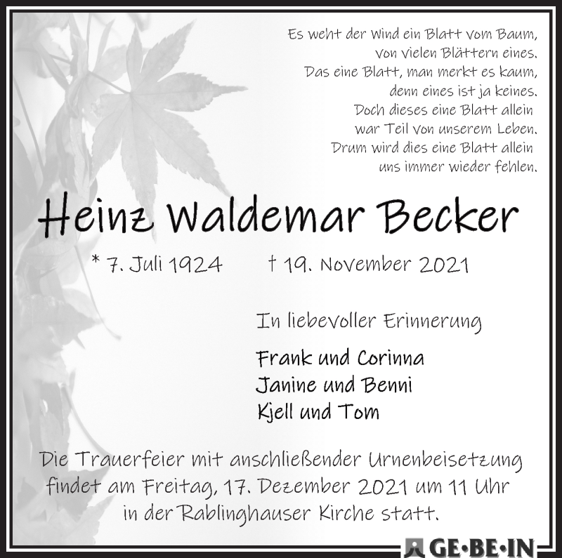 Traueranzeige von Heinz Waldemar Becker von WESER-KURIER