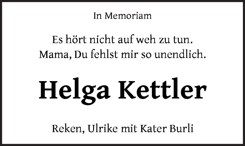 Traueranzeige von Helga Kettler von Die Norddeutsche