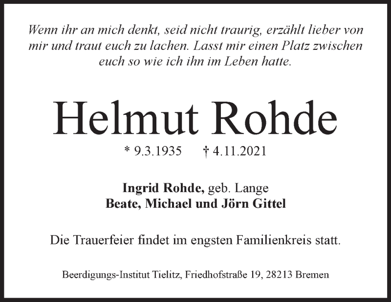 Traueranzeige von Helmut Rohde von WESER-KURIER