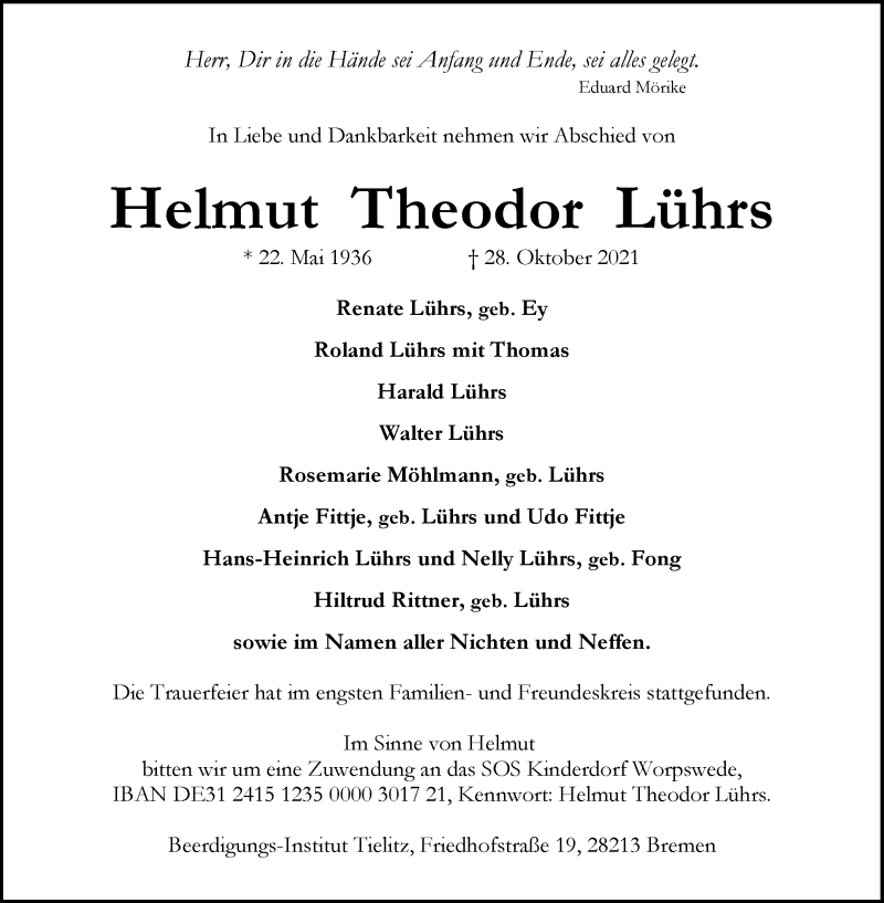 Traueranzeige von Helmut Theodor Lührs von WESER-KURIER