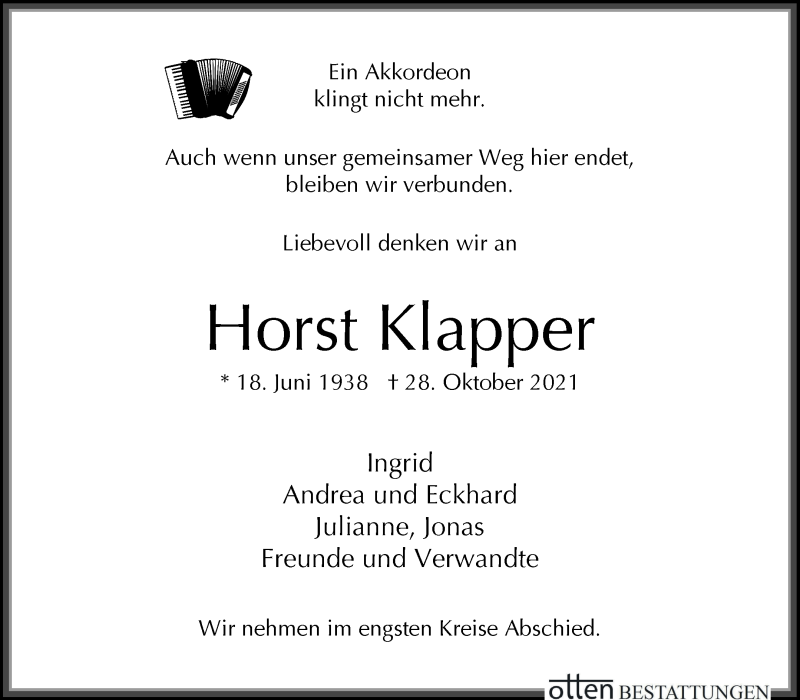 Traueranzeige von Horst Klapper von Osterholzer Kreisblatt