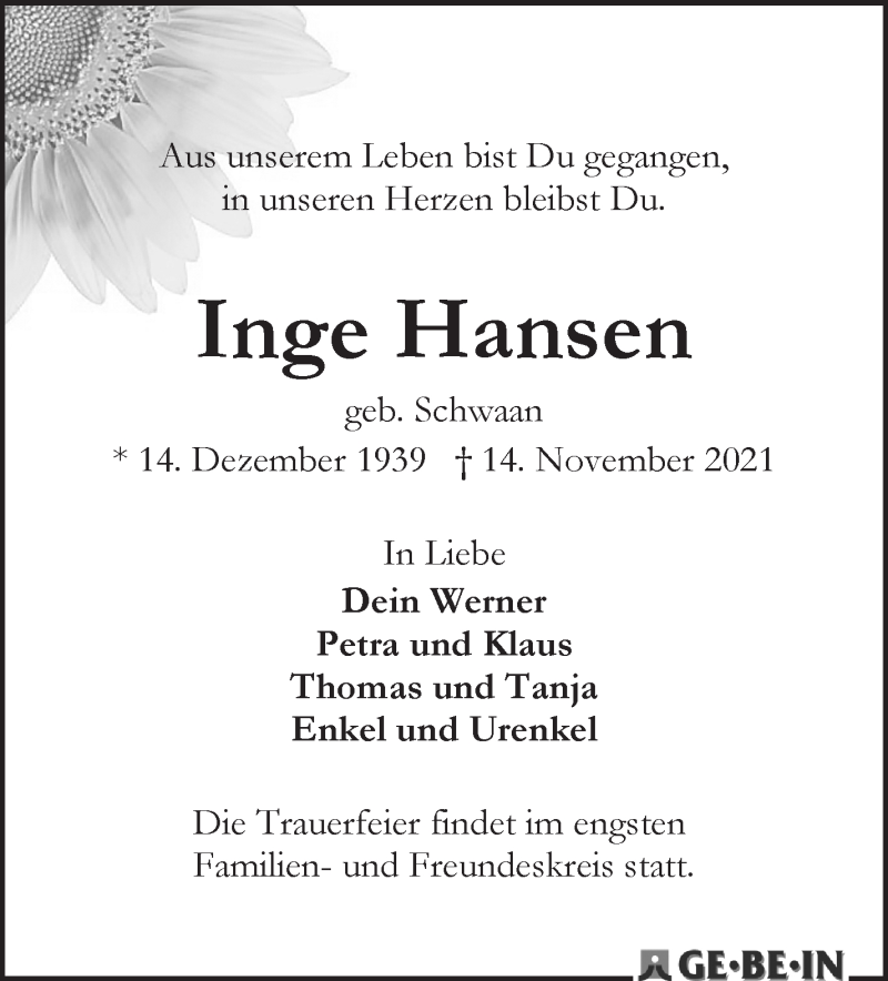 Traueranzeige von Inge Hansen von WESER-KURIER