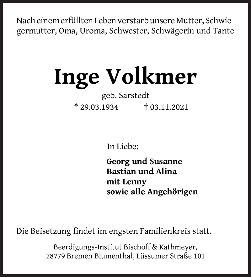 Traueranzeige von Inge Volkmer von Die Norddeutsche