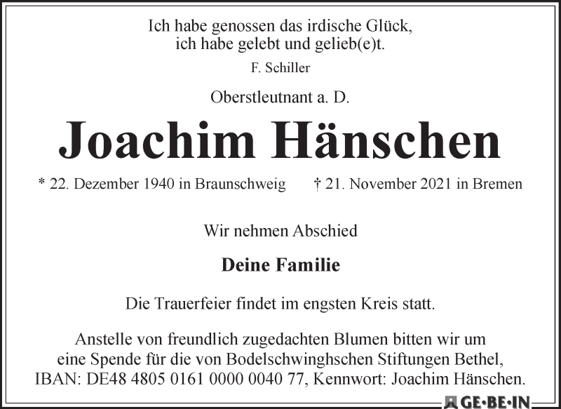 Traueranzeige von Joachim Hänschen von WESER-KURIER