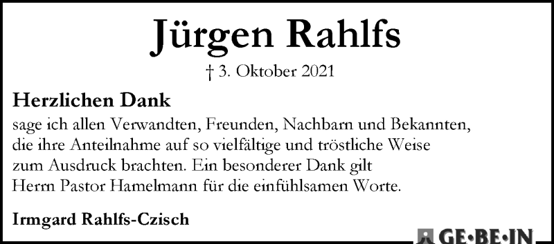 Traueranzeige von Jürgen Rahlfs von WESER-KURIER