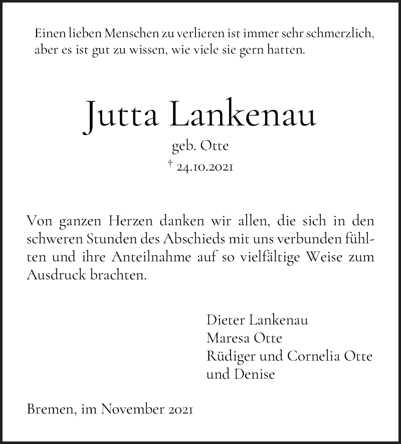 Traueranzeige von Jutta Lankenau von WESER-KURIER