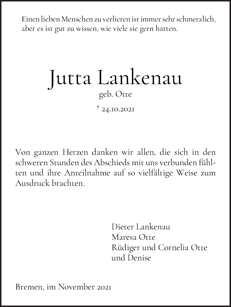 Traueranzeige von Jutta Lankenau von Die Norddeutsche