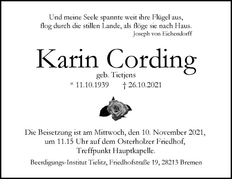 Traueranzeige von Karin Cording von WESER-KURIER