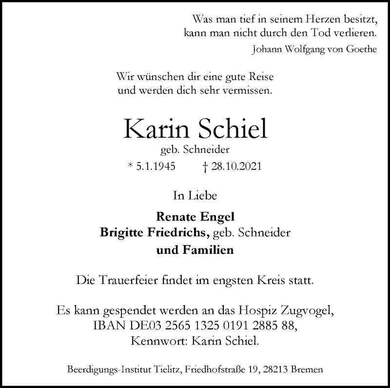 Traueranzeige von Karin Schiel von WESER-KURIER