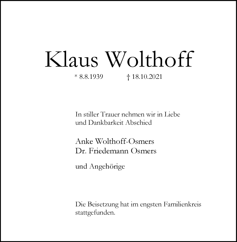 Traueranzeige von Klaus Wolthoff von WESER-KURIER
