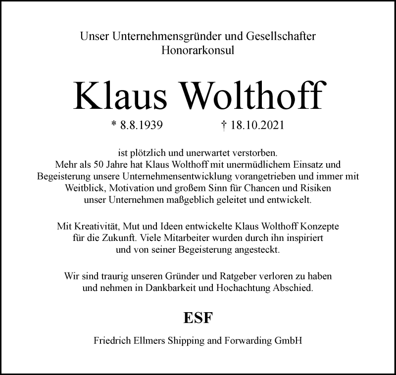 Traueranzeige von Klaus Wolthoff von WESER-KURIER