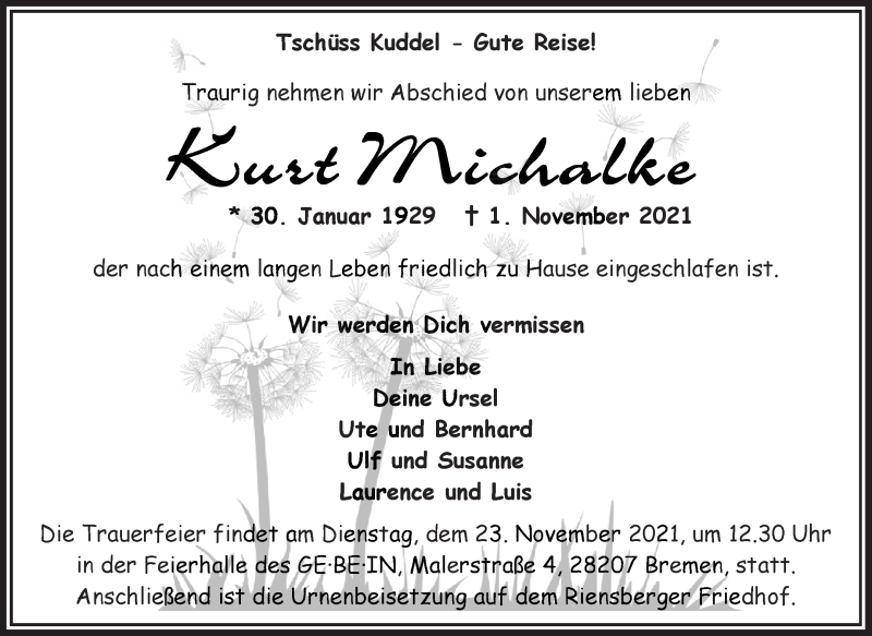 Traueranzeige von Kurt Michalke von WESER-KURIER