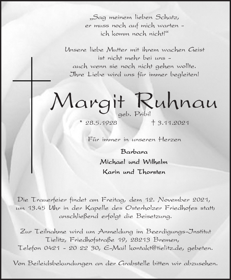 Traueranzeige von Margit Ruhnau von WESER-KURIER