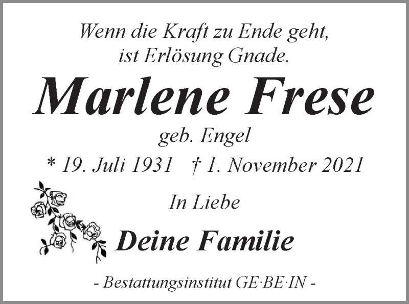 Traueranzeige von Marlene Frese von WESER-KURIER