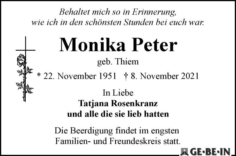 Traueranzeige von Monika Peter von WESER-KURIER