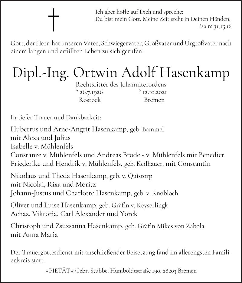 Traueranzeige von Ortwin Adolf Hasenkamp von WESER-KURIER