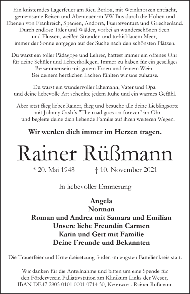 Traueranzeige von Rainer Rüßmann von WESER-KURIER