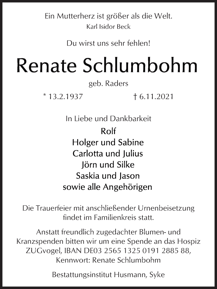 Traueranzeige von Renate Schlumbohm von WESER-KURIER