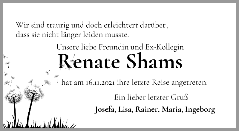 Traueranzeige von Renate Shams von WESER-KURIER