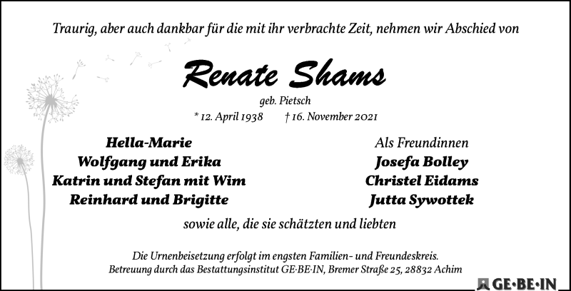 Traueranzeige von Renate Shams von WESER-KURIER