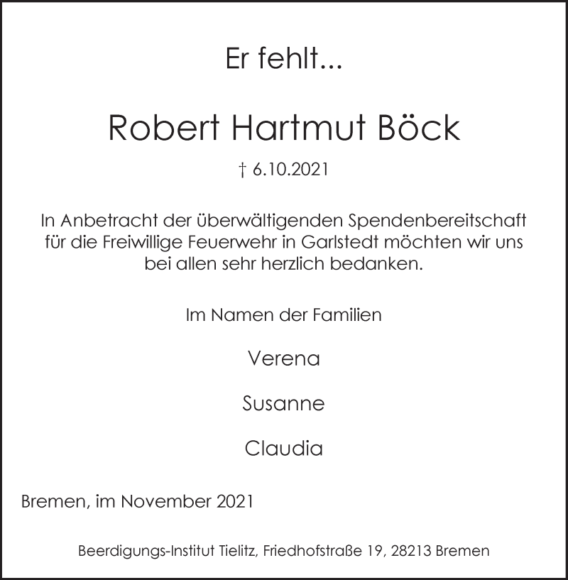 Traueranzeige von Robert Hartmut Böck von WESER-KURIER