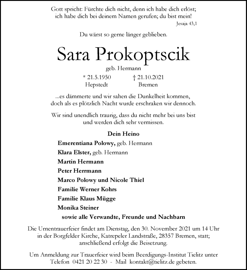 Traueranzeige von Sara Prokoptscik von WESER-KURIER